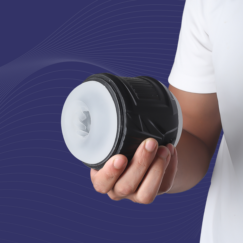 Black silicone male stroker with snug fit and lifelike feel