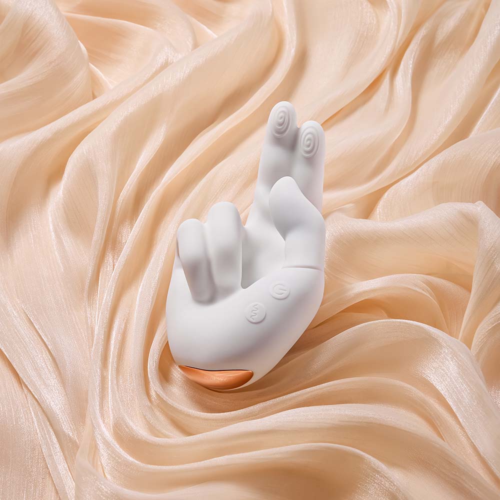 "USB-rechargeable Golden Right Hand massager with realistic hand-like movement."