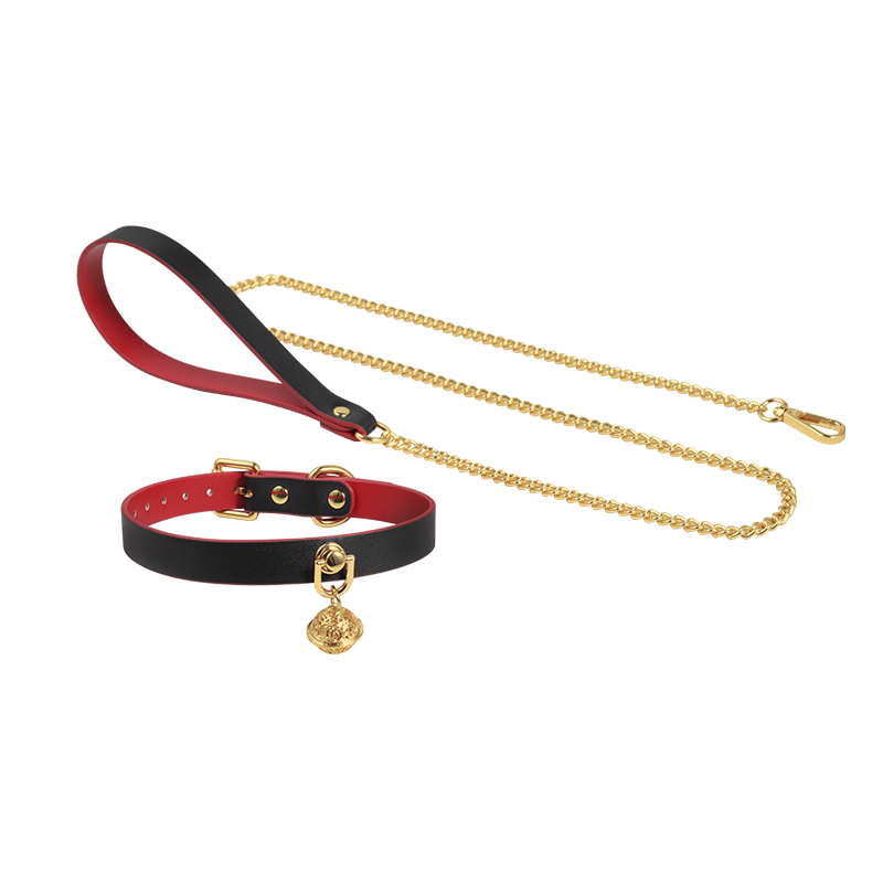 Luxury Black & Red Leather Collar with Golden Chain – Adjustable PU Set by GomyToy