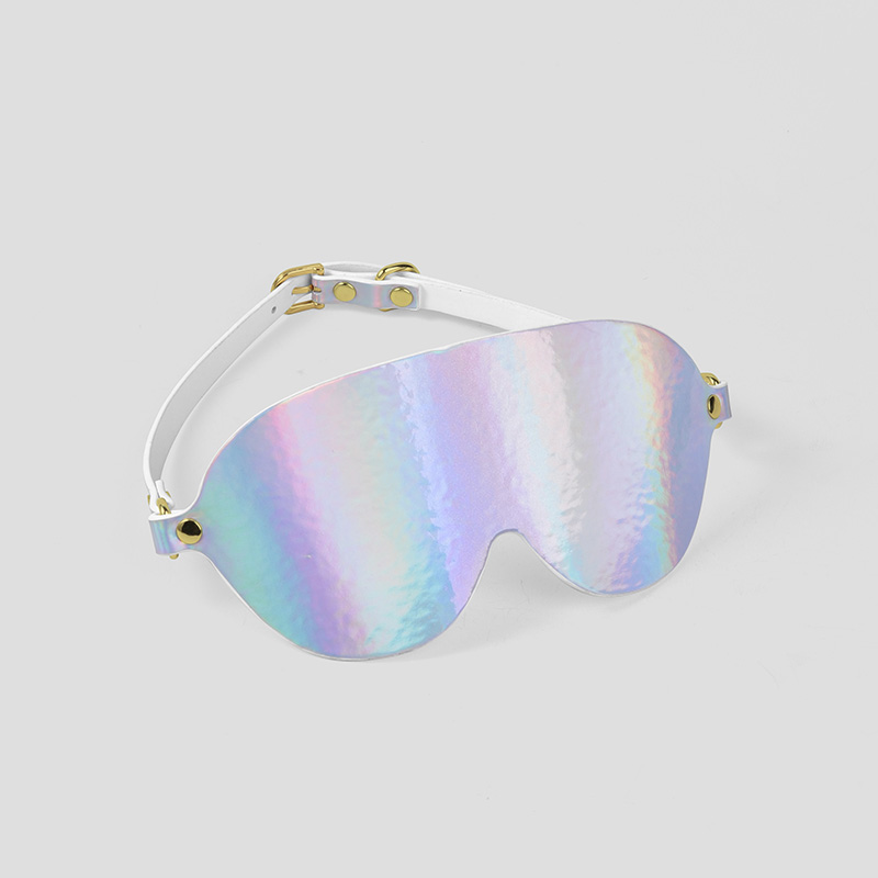 Holographic Leather Eye Mask – Iridescent Adjustable Blindfold with Gold Accents