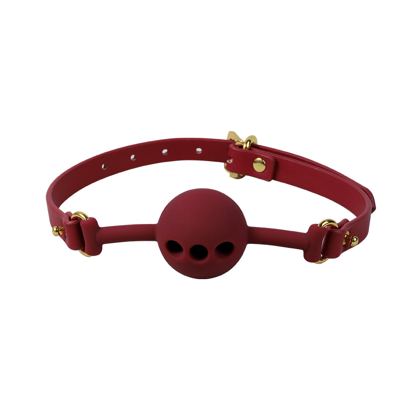 Premium Adjustable Silicone Mouth Ball Gag Strap – Red Edition with Golden Accents